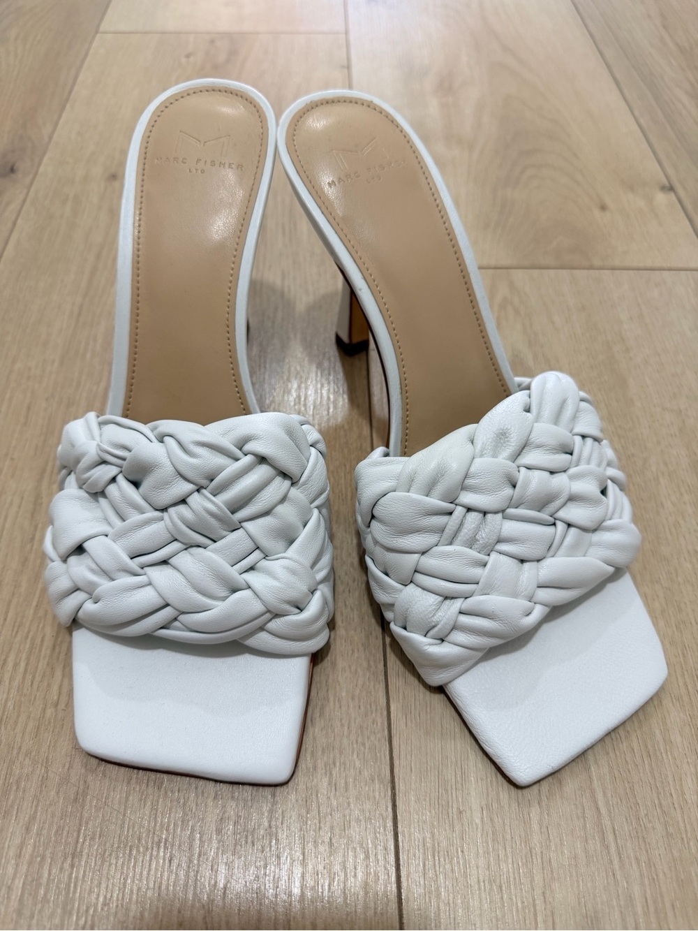 NWOT! Marc Fisher White Braided Square-Toe Slide Mules